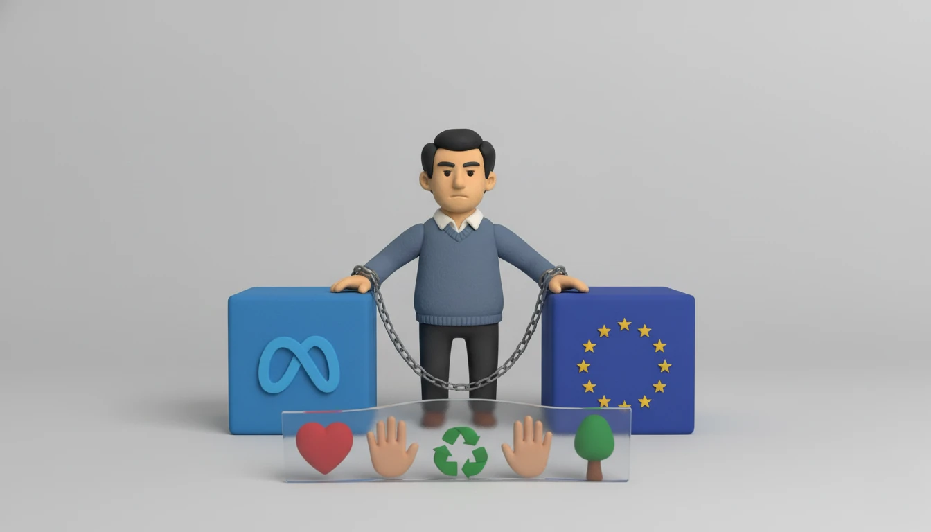 Hombre encadenado entre Meta y la Unión Europea con iconos sociales bloqueados
