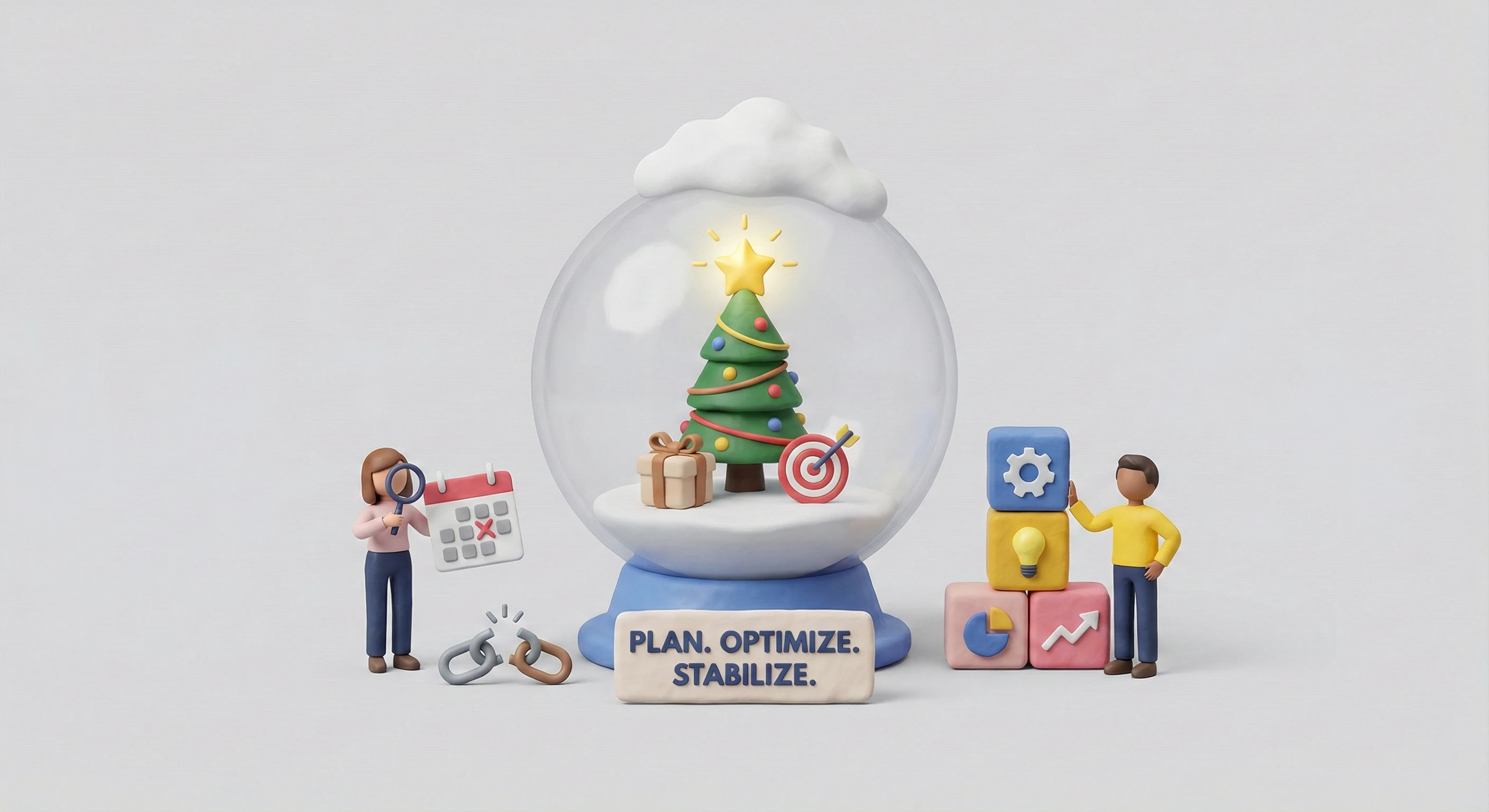 Holiday illustration with ecommerce dashboards and gifts representing campaign decisions